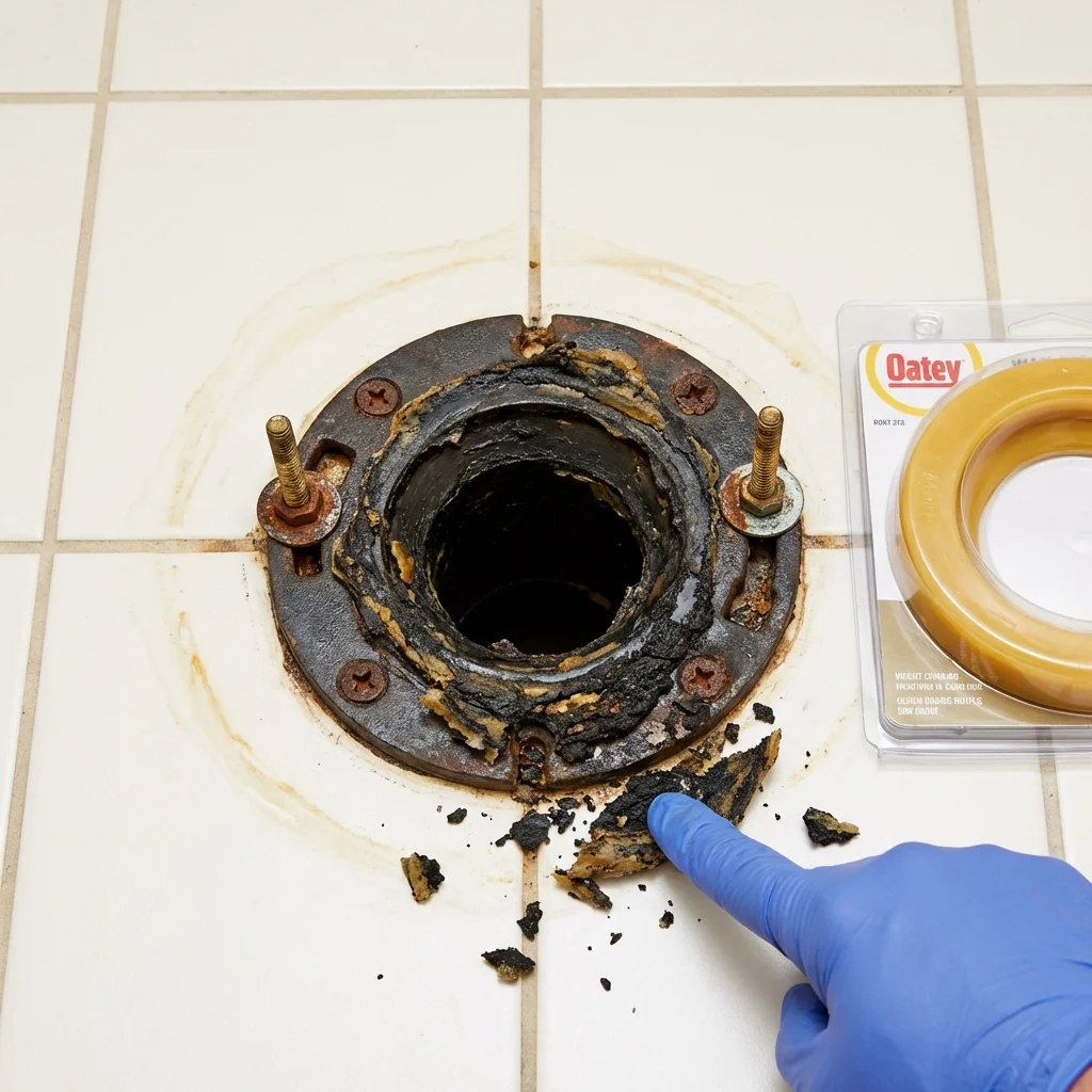 Failed wax ring showing water seepage at the base of a toilet in a Hollis, OK home