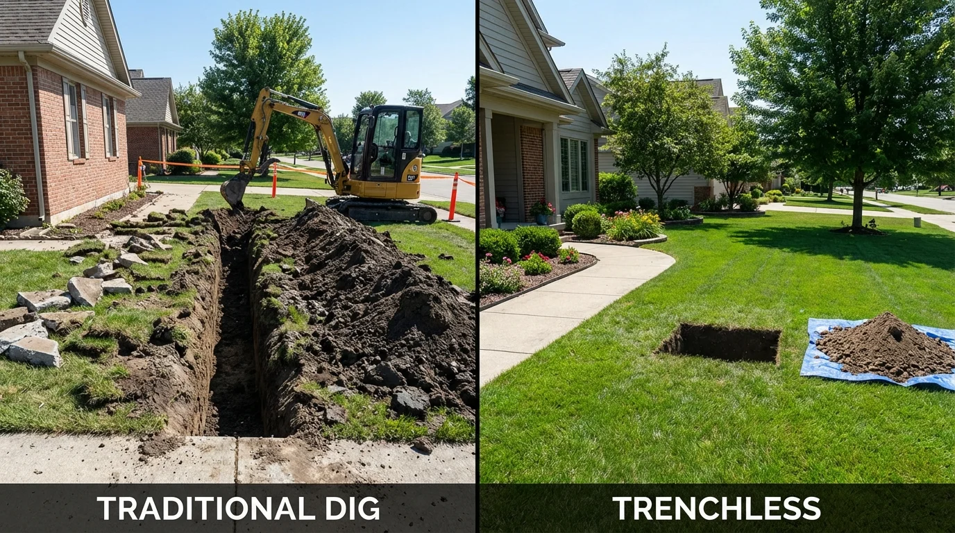 Trenchless sewer repair with minimal yard damage versus traditional excavation in Hollis, OK