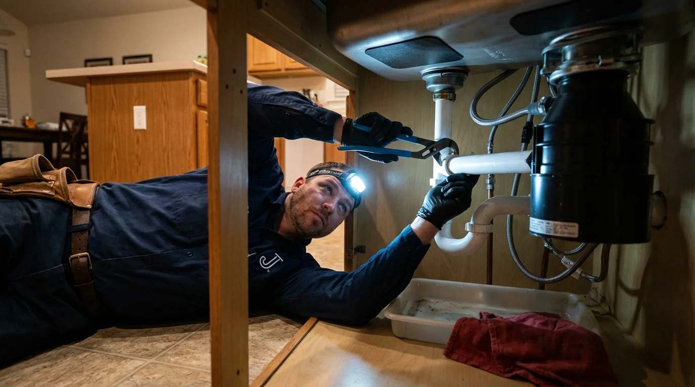 P-trap and supply line connections under a kitchen sink showing a common leak point in Hollis, OK